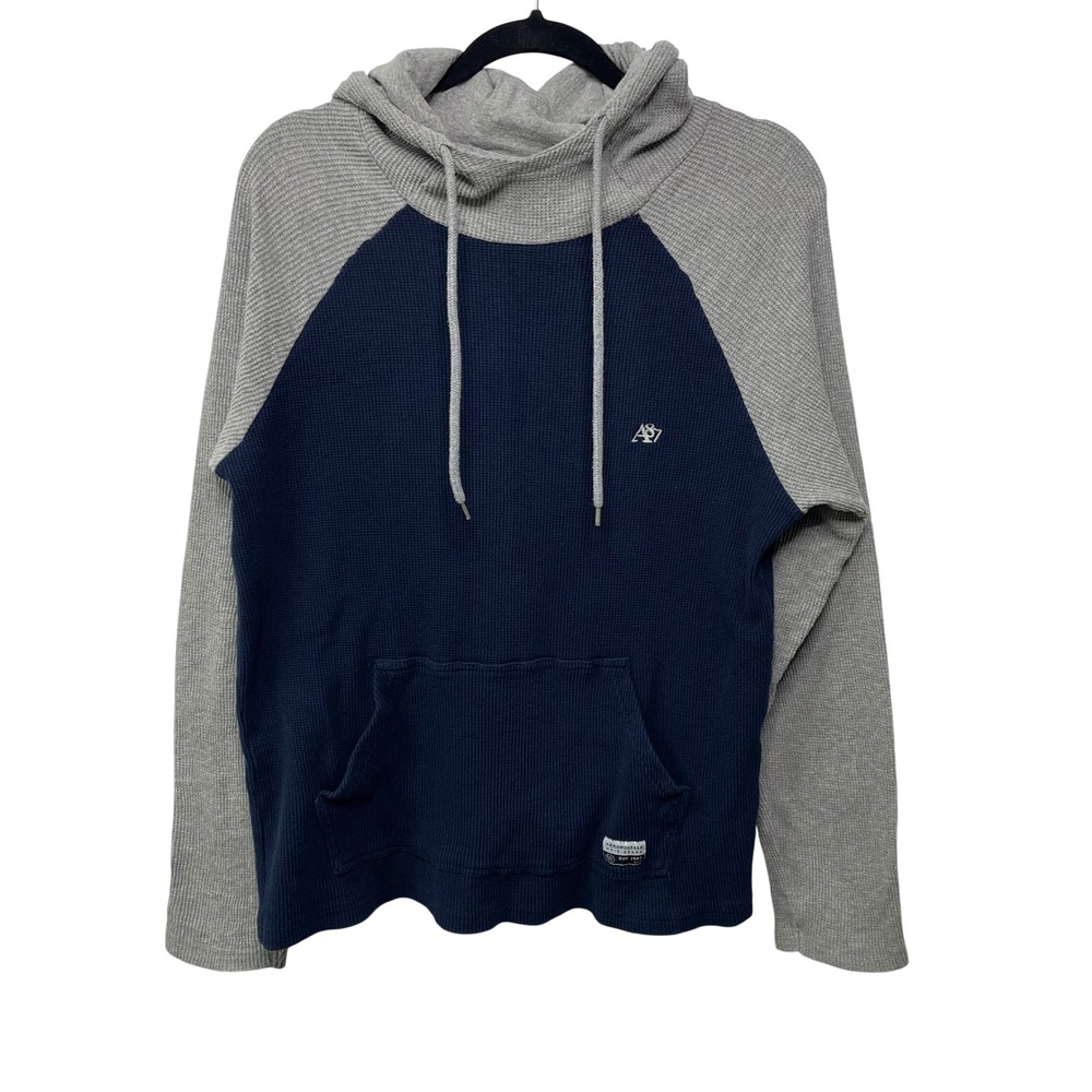 Y2K Aeropostale Mens Waffle Knit Raglan Hoodie Navy Gray A87 Logo L Grunge Aero